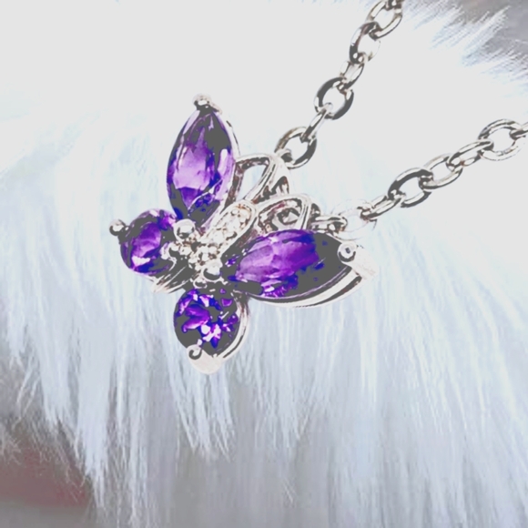 .Sterling Silver Butterfly Pendant with Natural Amethyst. Stainless Steel Neck - Picture 3 of 8
